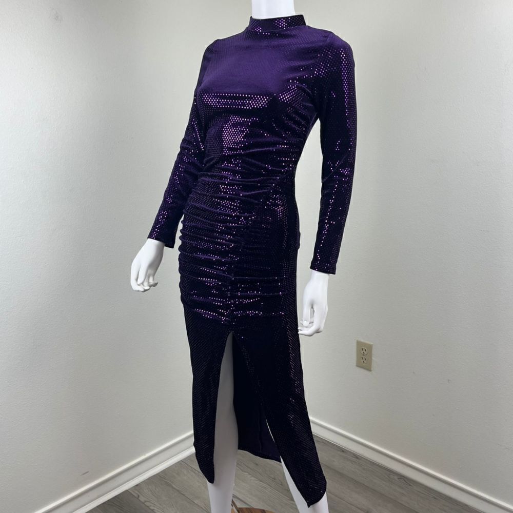 Zara Women Size XS Purple Sequins Velvet Ruched Midi Dress Long Sleeve Mock Neck - Picture 6 of 15